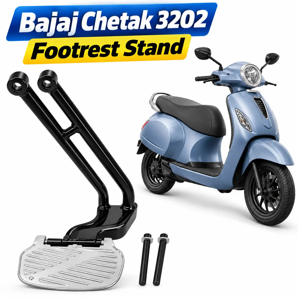 Bajaj Chetak 3202 Footrest Stand – Heavy Duty Black Metal Rear Passenger Footrest with Silver Foot Plate | ZombieEast