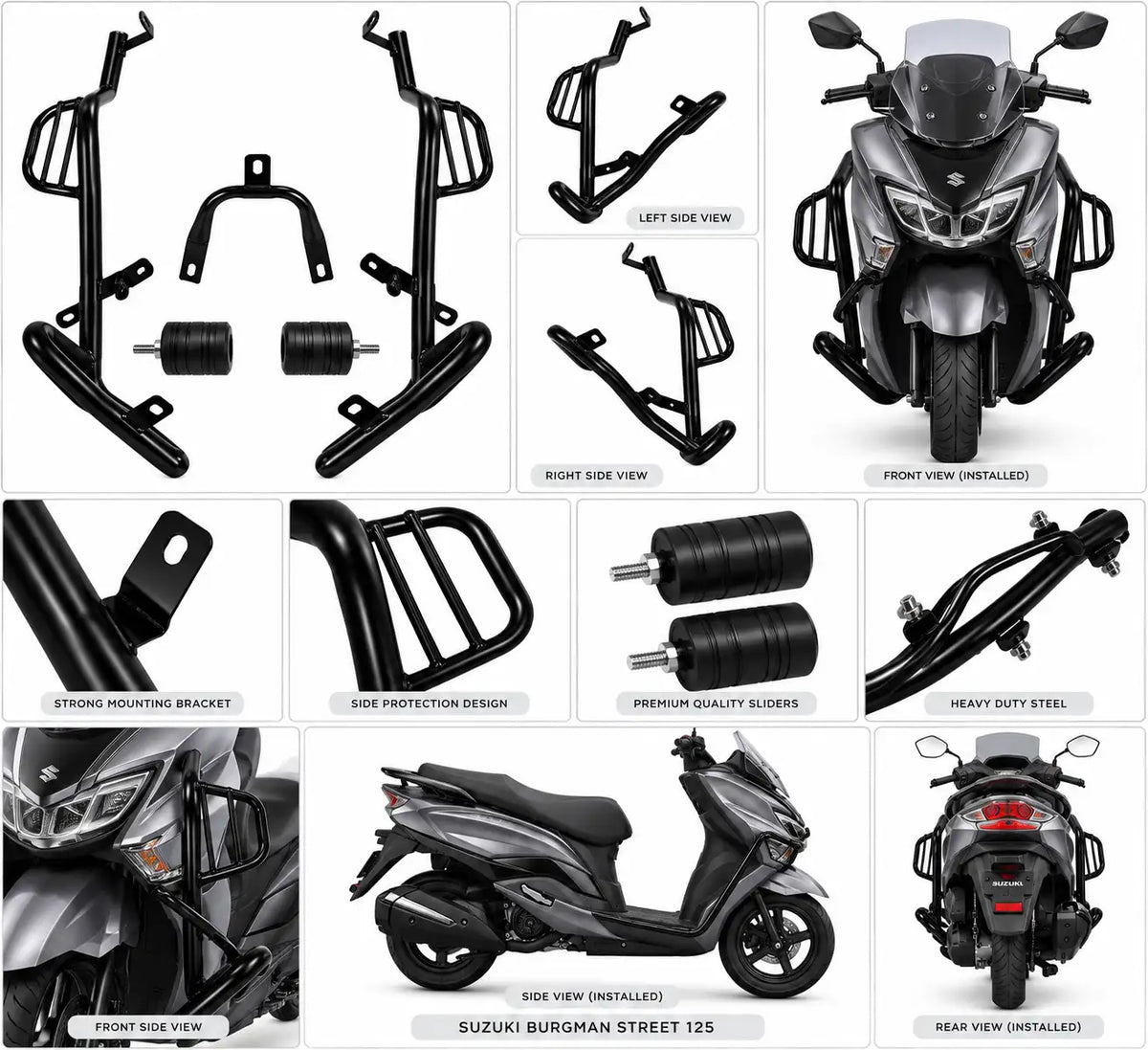 Suzuki Burgman 125 BS4, BS6 Crash Guard – Black Body Protection Kit with Frame Sliders | ZombieEast