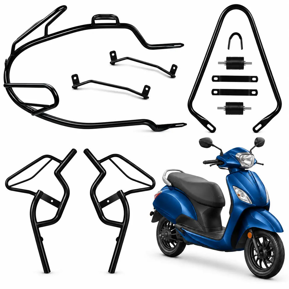 Chetak 3201, 3202 Crash Guard with Fixed Footrest – Complete Black Protection Kit | ZombieEast