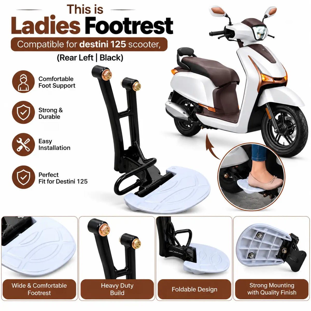 Hero Destini 125 (2025 Model) Ladies Footrest Stand – Rear Left Foldable Passenger Footrest Black | ZombieEast