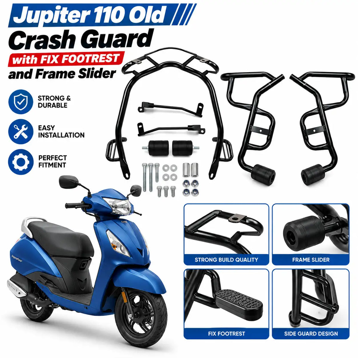 TVS Jupiter 110 Old Crash Guard with Fixed Footrest and Frame Slider – Heavy-Duty Protection Guard Set | ZombieEast